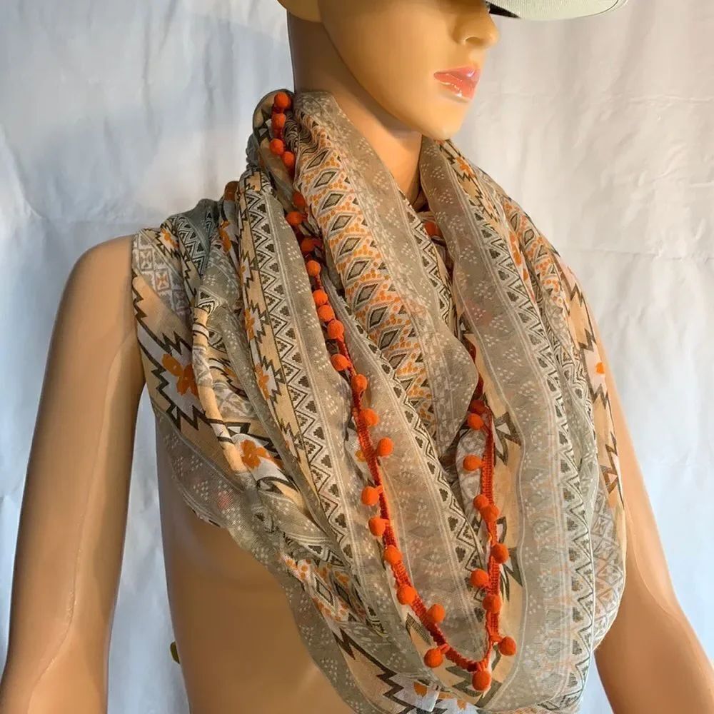 Aztec Print Eternity Scarf Tan Gray Orange Tassels 100% Polyester